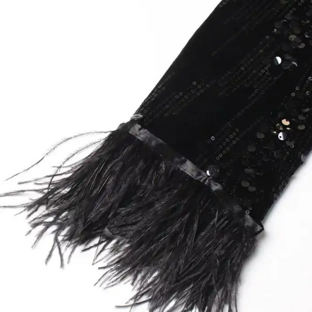 LUXURY SEQUIN SATIN VELVET FEATHER BUTTON CUFF BLAZER - Picture 8 of 9